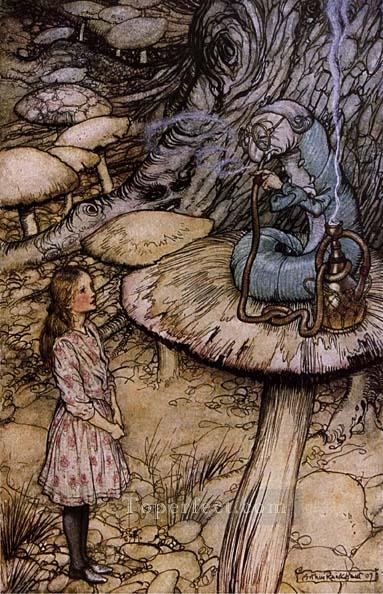 不思議の国のアリス ウサギが小札を送り込む イラストレーター アーサー・ラッカム油絵